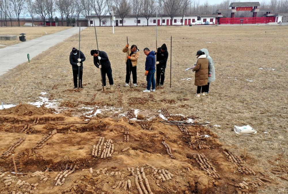 在殷墟王陵遺址，工作人員在勘探圍溝范圍（2月24日攝）。