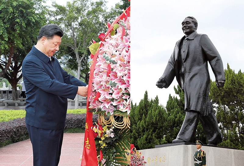 2020年10月14日，深圳經(jīng)濟(jì)特區(qū)建立40周年慶祝大會(huì)在廣東省深圳市隆重舉行。中共中央總書記、國(guó)家主席、中央軍委主席習(xí)近平在會(huì)上發(fā)表重要講話。這是當(dāng)天下午，習(xí)近平來到蓮花山公園，向鄧小平同志銅像敬獻(xiàn)花籃。 新華社記者 王曄/攝