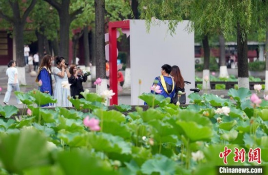 6月19日，時值一年畢業(yè)季，四川大學(xué)望江校區(qū)荷花池里的荷花盛開，成為了畢業(yè)生們的打卡圣地，吸引了眾多畢業(yè)生拍照留念。圖為畢業(yè)生在荷花池邊拍照留念。中新社記者 安源 攝