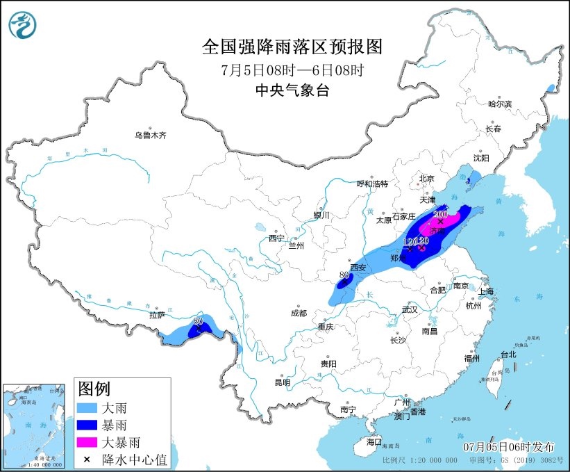 全國強降水落區(qū)預報（7月5日08時-6日08時）