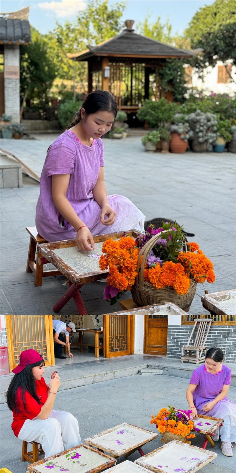 沒有女生不愛花。以古法造紙技藝為基礎(chǔ)，再輔以花草枝葉勾勒各式圖案，創(chuàng)作出花茂村獨(dú)具特色的紙漿壓花畫，少女手中的花是她眼中的風(fēng)景，而她與正在制作的紙漿壓花畫也是別人眼中的風(fēng)景。（哈薩克斯坦BAQ通訊社高級(jí)記者古爾詹·拉曼庫(kù)洛娃、張亞欣攝）