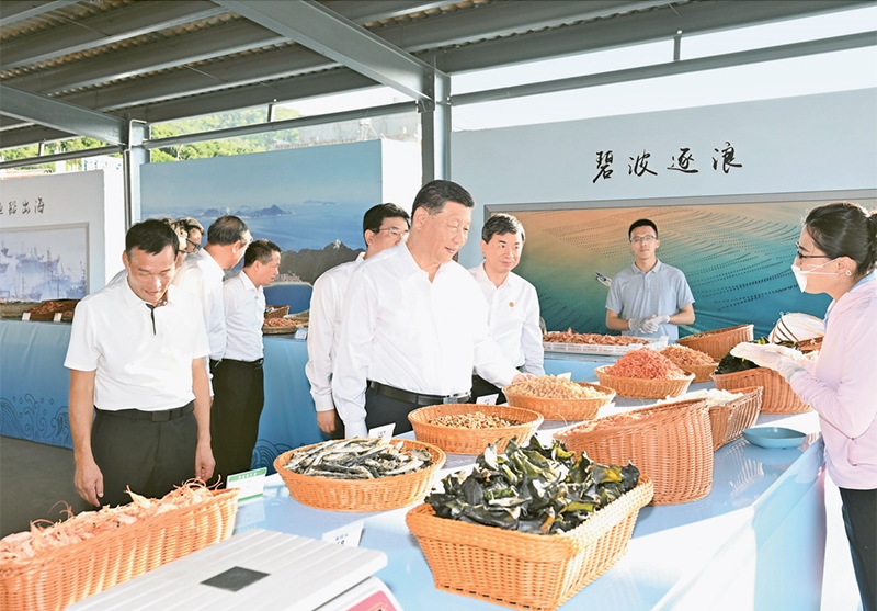 2024年10月15日至16日，中共中央總書記、國家主席、中央軍委主席習(xí)近平在福建考察。這是15日下午，習(xí)近平在漳州市東山縣陳城鎮(zhèn)澳角村考察時，了解海鮮干貨和漁獲產(chǎn)品交易情況。 新華社記者 謝環(huán)馳/攝
