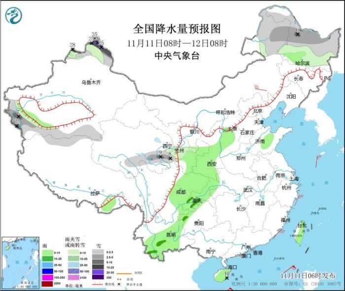 全國降水量預(yù)報圖(11月11日08時-12日08時)圖片來源：中央氣象臺網(wǎng)站