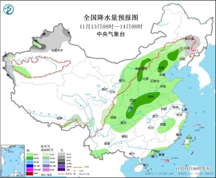 全國降水量預(yù)報圖(11月13日08時-14日08時)圖片來源：中央氣象臺網(wǎng)站